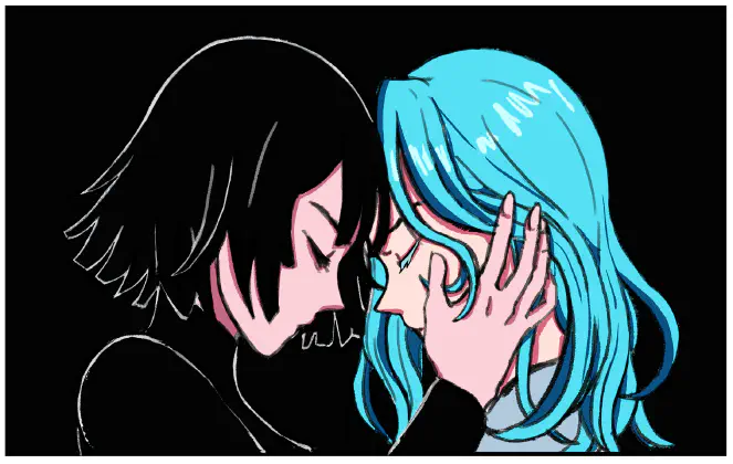 Fubuki cups Psykos' face and presses her forehead to the other woman's. Their eyes are closed in concentration.