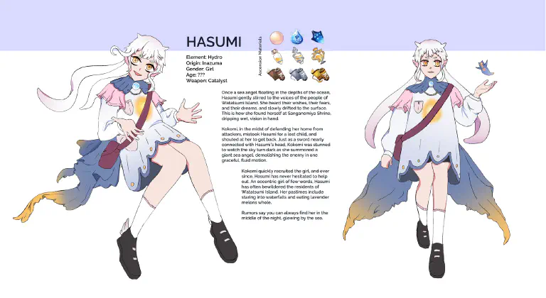 A character reference sheet for a girl who looks like a sea angel. She glows.