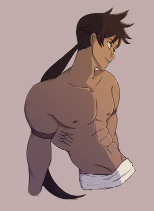 Suiryu smiling and shirtless. The image is very warm-toned.
