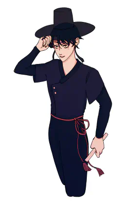 A smug looking anime boy tilting his hat.
