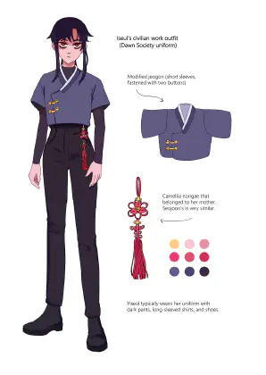 Yiseul standing in her work uniform. She wears dark long sleeves and pants with a modified jeogori top.
