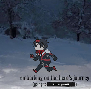 A suicidal small man running. On his hero's journey.